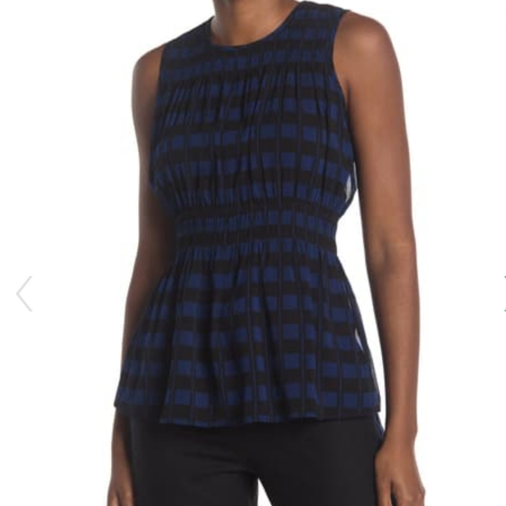 NWT Club Monaco blu/black geo check print sleeveless peplum blouse